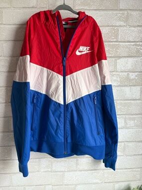 Nike Kids Windbreaker Jacket White Blue‎ Navy Chevron Logo Hooded medium retro